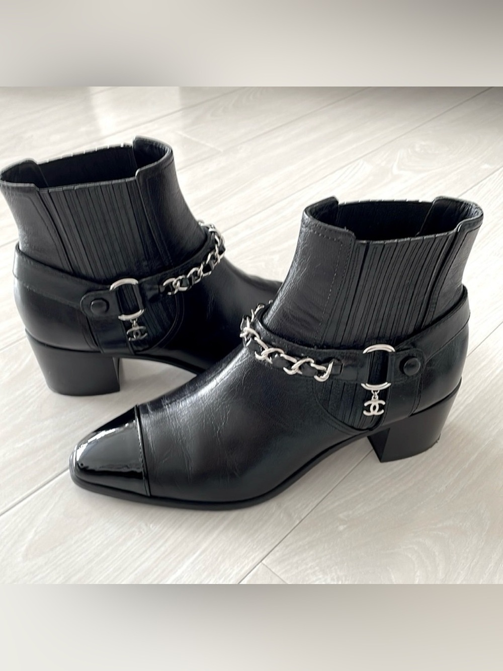 Chanel Black Leather Ankle Boots w/ Signature Toe Cap, Chain and CC Logo Charm